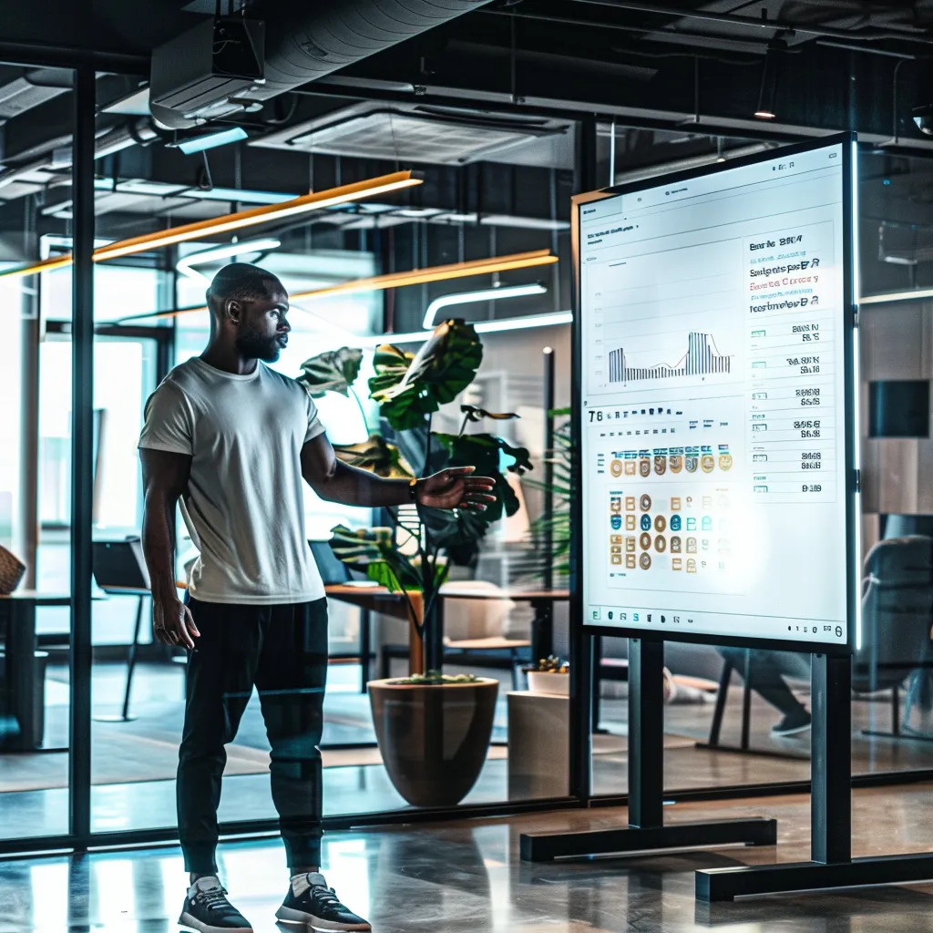 a sleek, modern office space showcases a confident personal trainer presenting a detailed comparison chart of hourly rates on a large digital screen, surrounded by engaging client testimonials displayed on glossy boards.