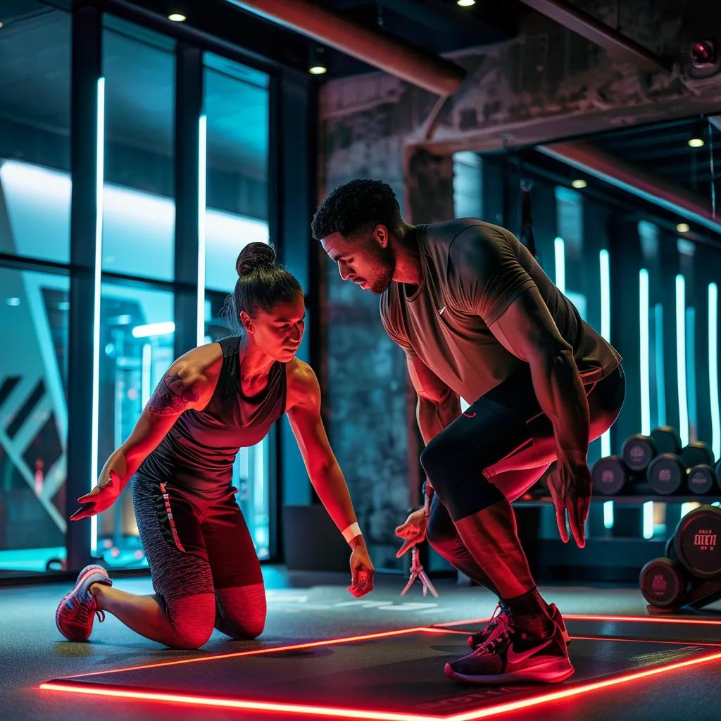 a dynamic urban gym scene in stamford, ct, features a focused personal trainer guiding a client through an intense workout, showcasing customized training techniques in a sleek, modern fitness environment.