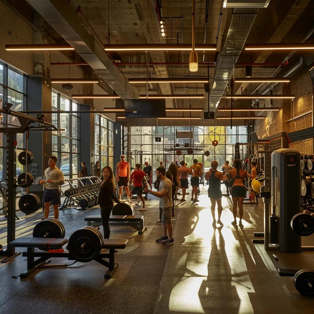 a vibrant scene of a bustling chicago gym, filled with diverse athletes engaged in dynamic strength training activities, showcasing determination and community spirit against the backdrop of urban industrial elements.