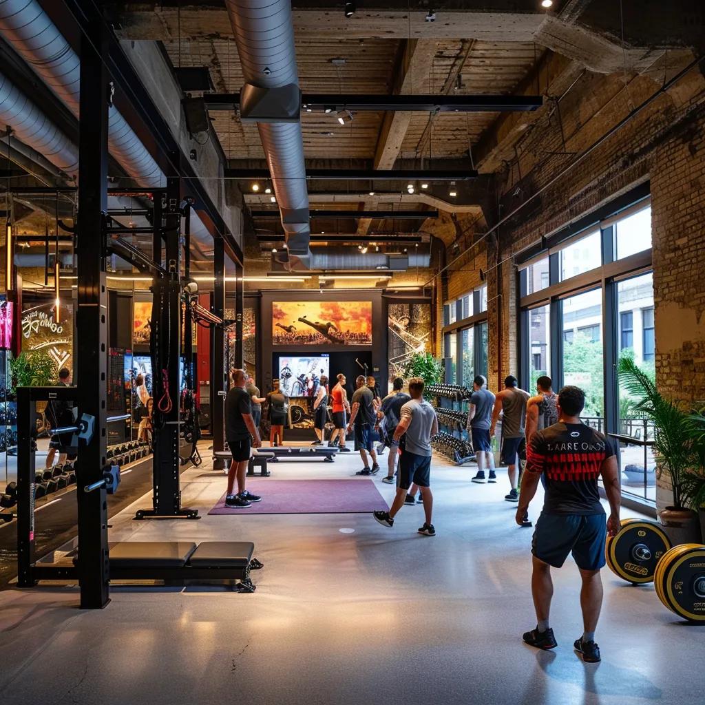 an energetic indoor gym in chicago, featuring a diverse group of individuals engaged in strength training with modern equipment, surrounded by inspiring motivational posters and dynamic lighting that highlights their focused expressions.
