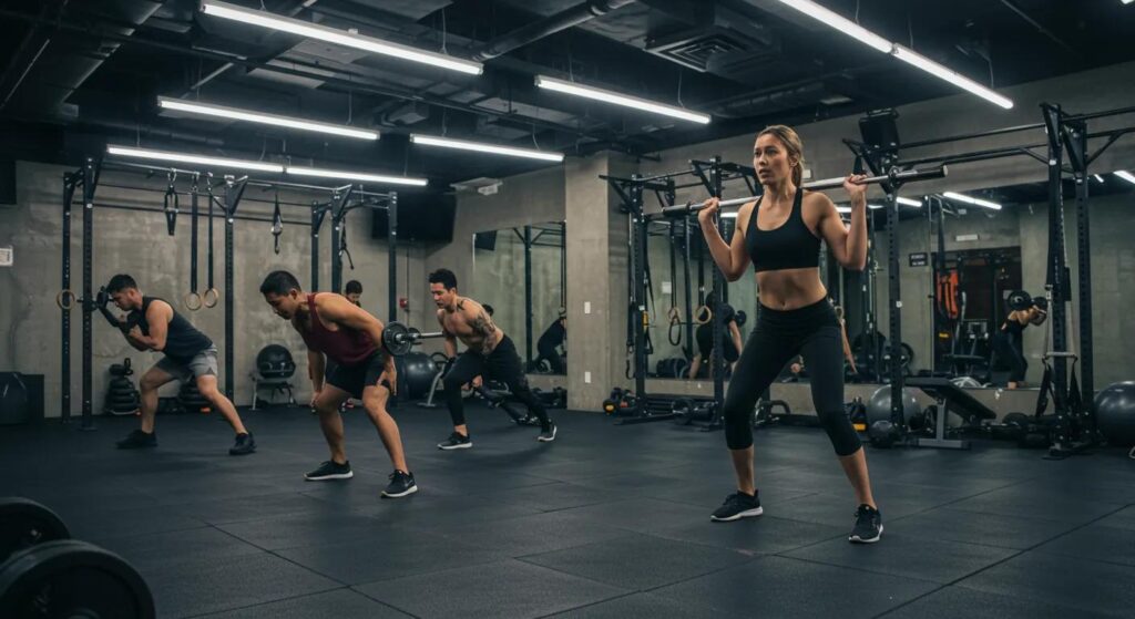 a dynamic urban fitness studio in river north showcases a group of focused individuals engaged in high-intensity strength training, framed by sleek, modern decor and vibrant gym equipment under striking artificial lighting.