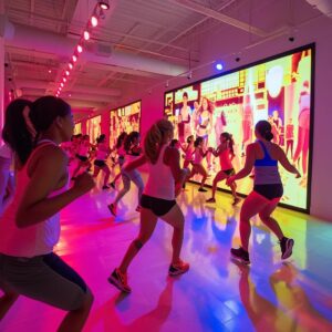 a dynamic indoor fitness studio filled with diverse small groups engaging in various high-energy training exercises, showcasing enthusiasm and collaboration among participants.
