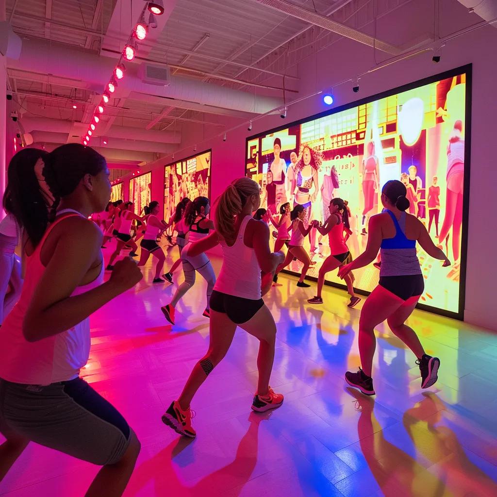 a dynamic indoor fitness studio filled with diverse small groups engaging in various high-energy training exercises, showcasing enthusiasm and collaboration among participants.