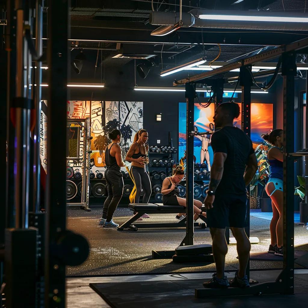 a dynamic indoor gym scene showcases a small group of focused individuals engaged in an intensive workout session, surrounded by modern equipment and vibrant motivational posters, highlighting the energetic atmosphere of small group training programs.