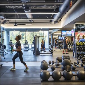 a sleek, modern gym interior features a diverse group of individuals engaged in an energetic personal training session, with vibrant workout equipment and motivational posters enhancing the dynamic atmosphere.