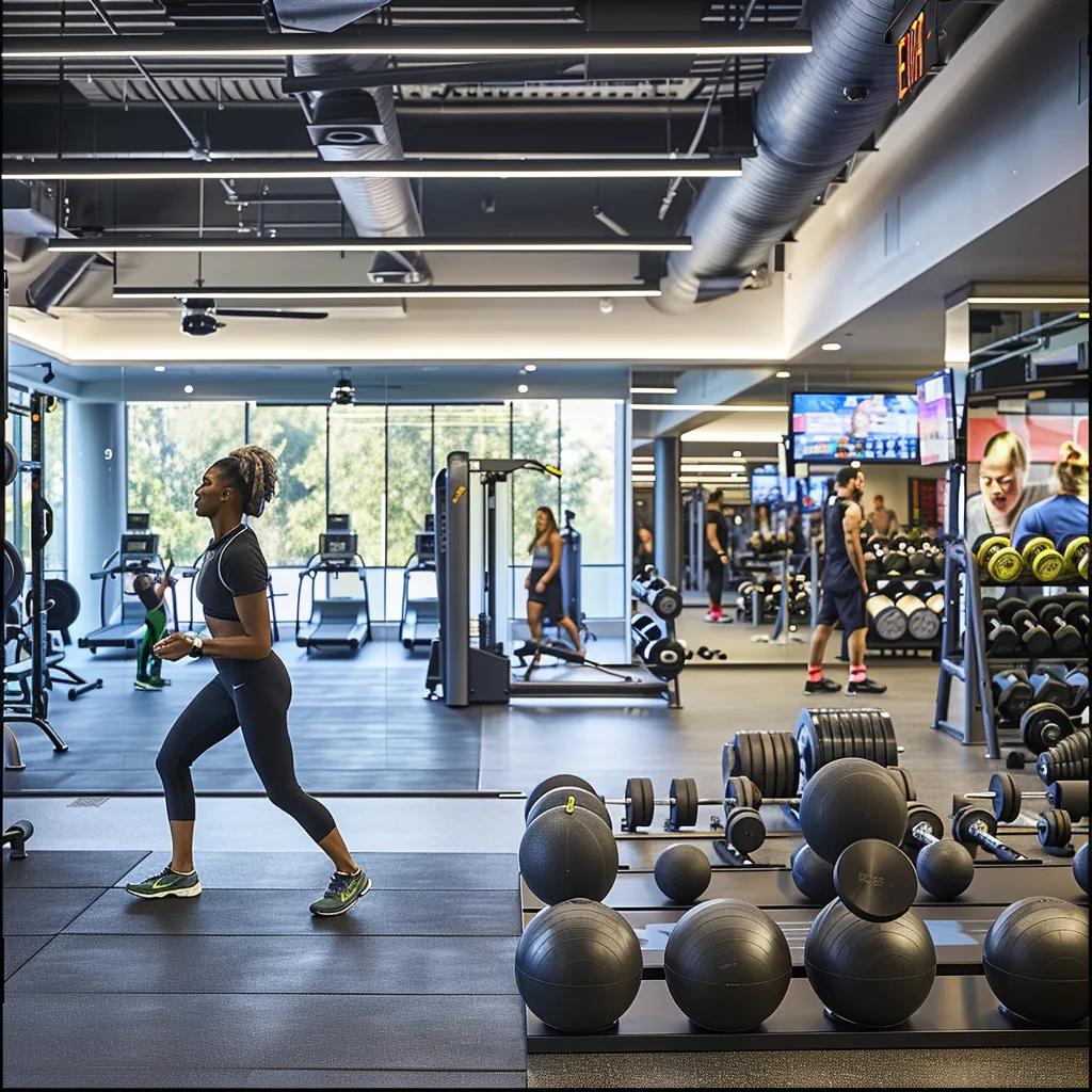 a sleek, modern gym interior features a diverse group of individuals engaged in an energetic personal training session, with vibrant workout equipment and motivational posters enhancing the dynamic atmosphere.