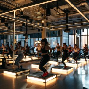 a dynamic small group training session takes place in a sleek, modern gym in river north, showcasing energetic participants engaged in various exercises under bright, focused overhead lighting.