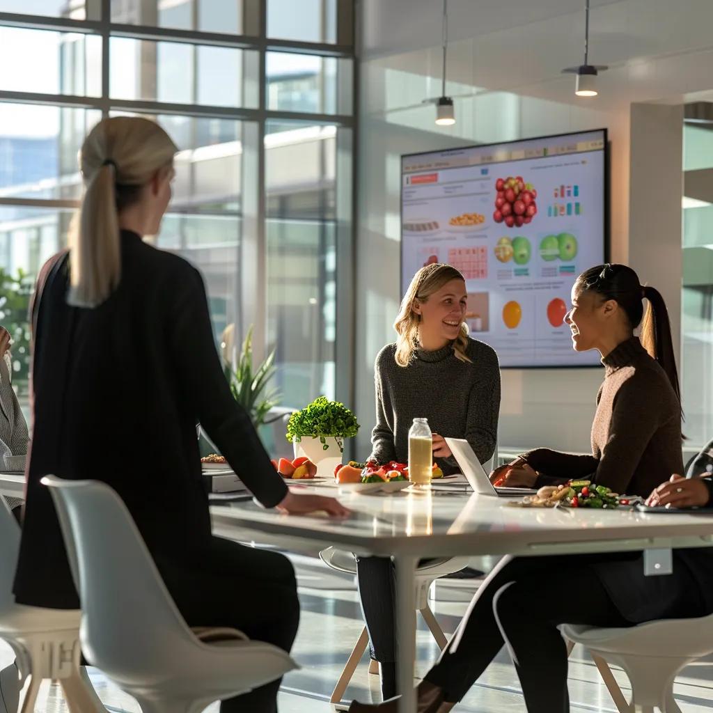 a sleek, modern office space in riverton, featuring a confident nutrition coach engaging with a diverse group of clients around a polished conference table, surrounded by vibrant food charts and nutritional guides.