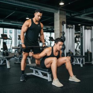 Personal trainer assisting a client in a modern gym in River North, Chicago, emphasizing personalized fitness training
