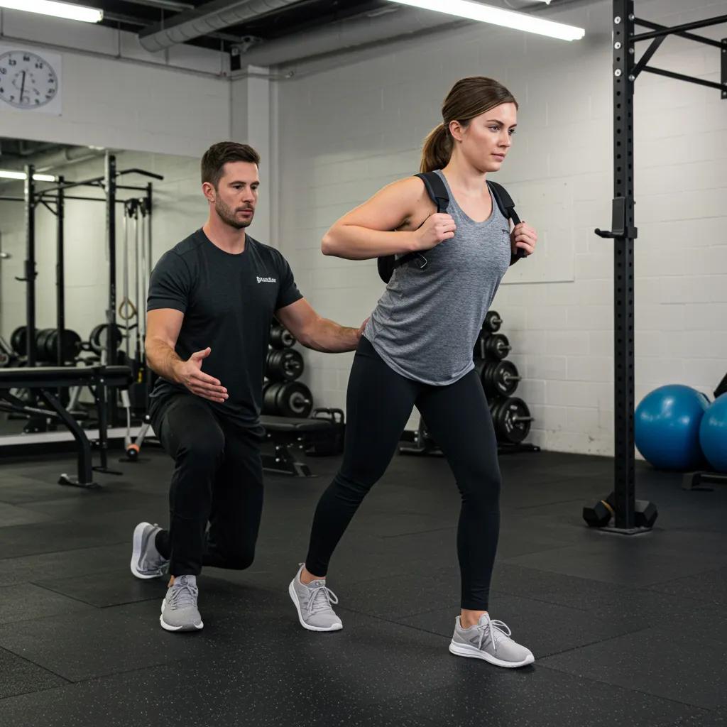 Client performing corrective exercises for posture improvement with a personal trainer in a gym