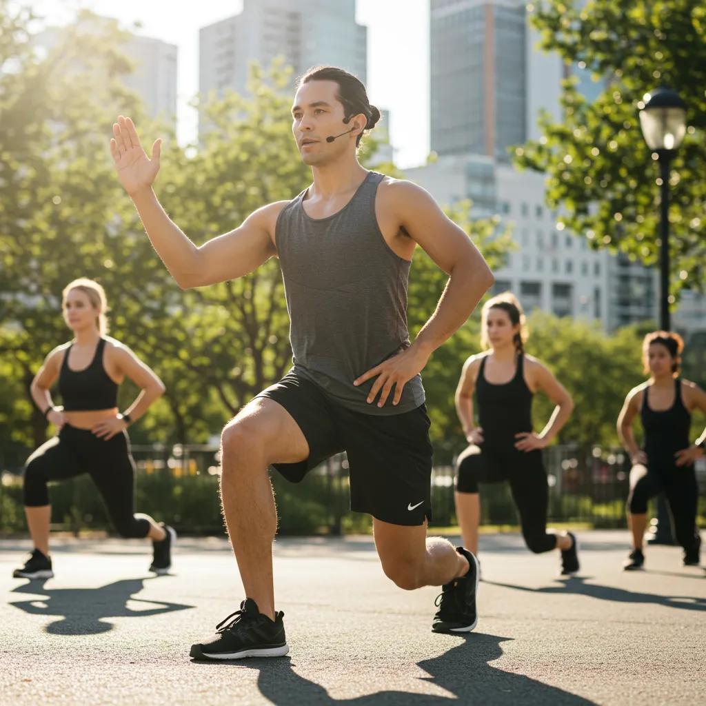 Fitness instructor leading a mobility training session in an urban park for joint health