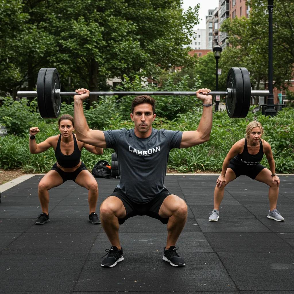 Group performing functional strength exercises in a park, emphasizing urban fitness