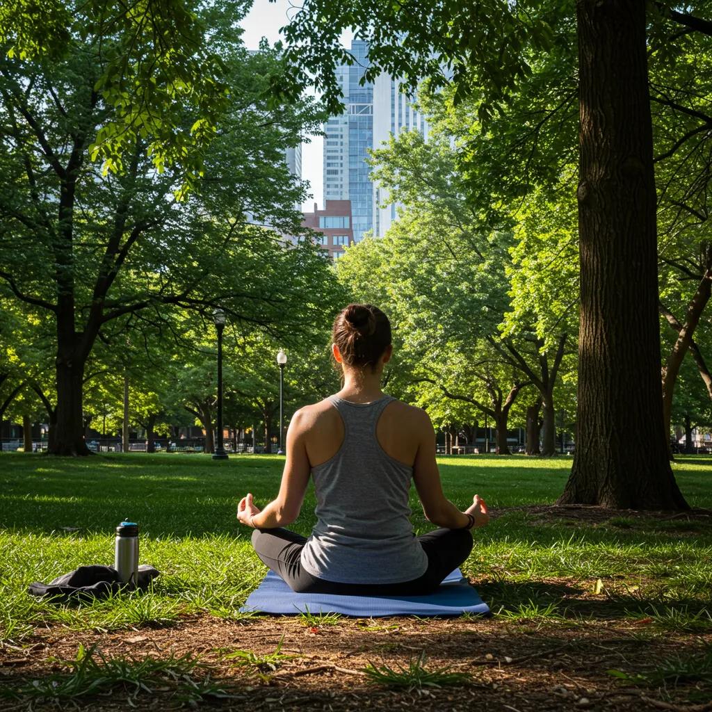 Person meditating outdoors in River North Chicago, illustrating techniques to prevent workout burnout