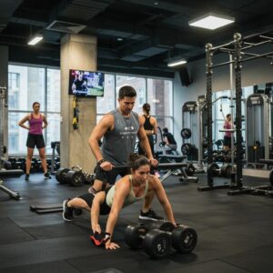 Personal trainer assisting a client in a River North Chicago gym, emphasizing fitness and motivation