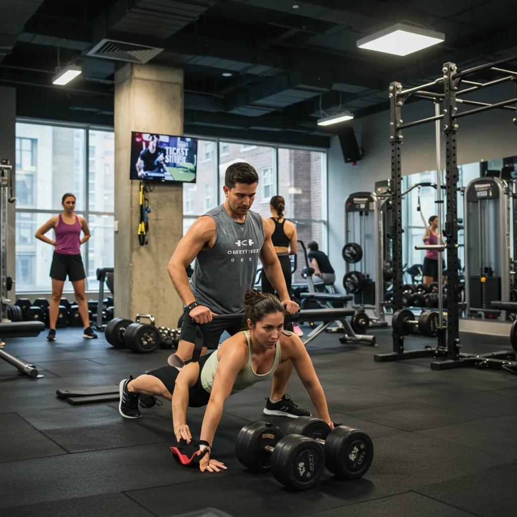 Personal trainer assisting a client in a River North Chicago gym, emphasizing fitness and motivation