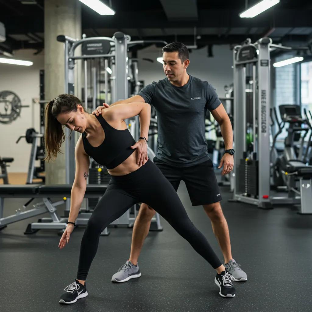 Personal trainer assisting a client with posture correction in a modern gym in River North Chicago