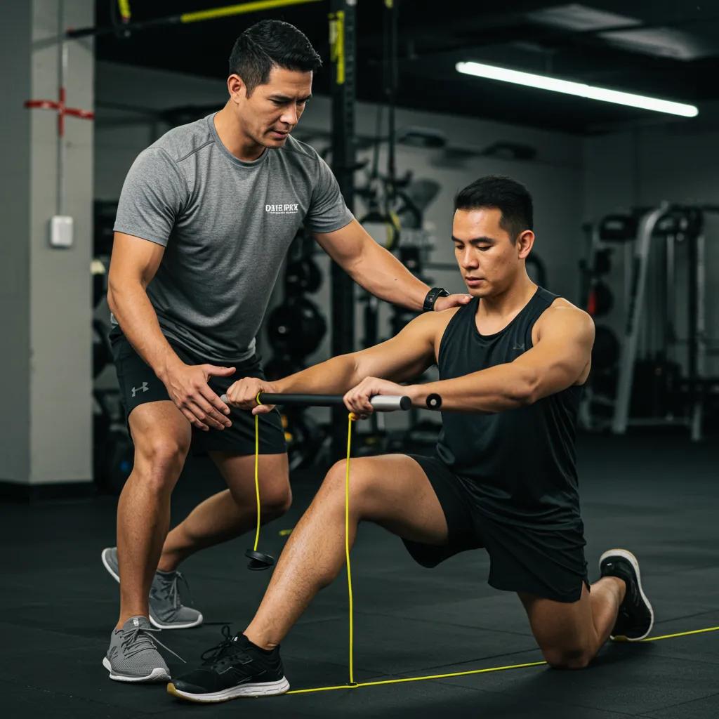 Personal trainer demonstrating a mobility drill for injury prevention in a gym setting