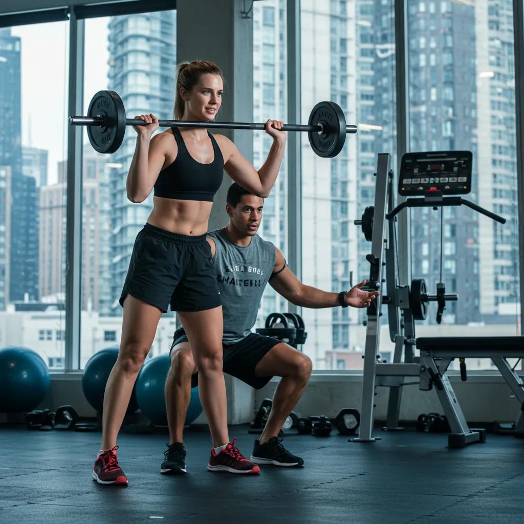 Personal trainer demonstrating strength training in an urban gym in River North Chicago