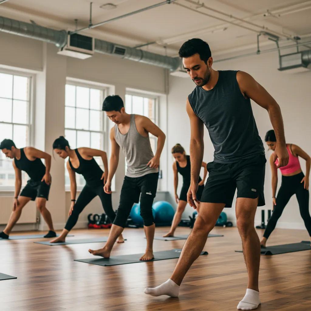 Diverse group engaging in mobility workout class in a modern studio