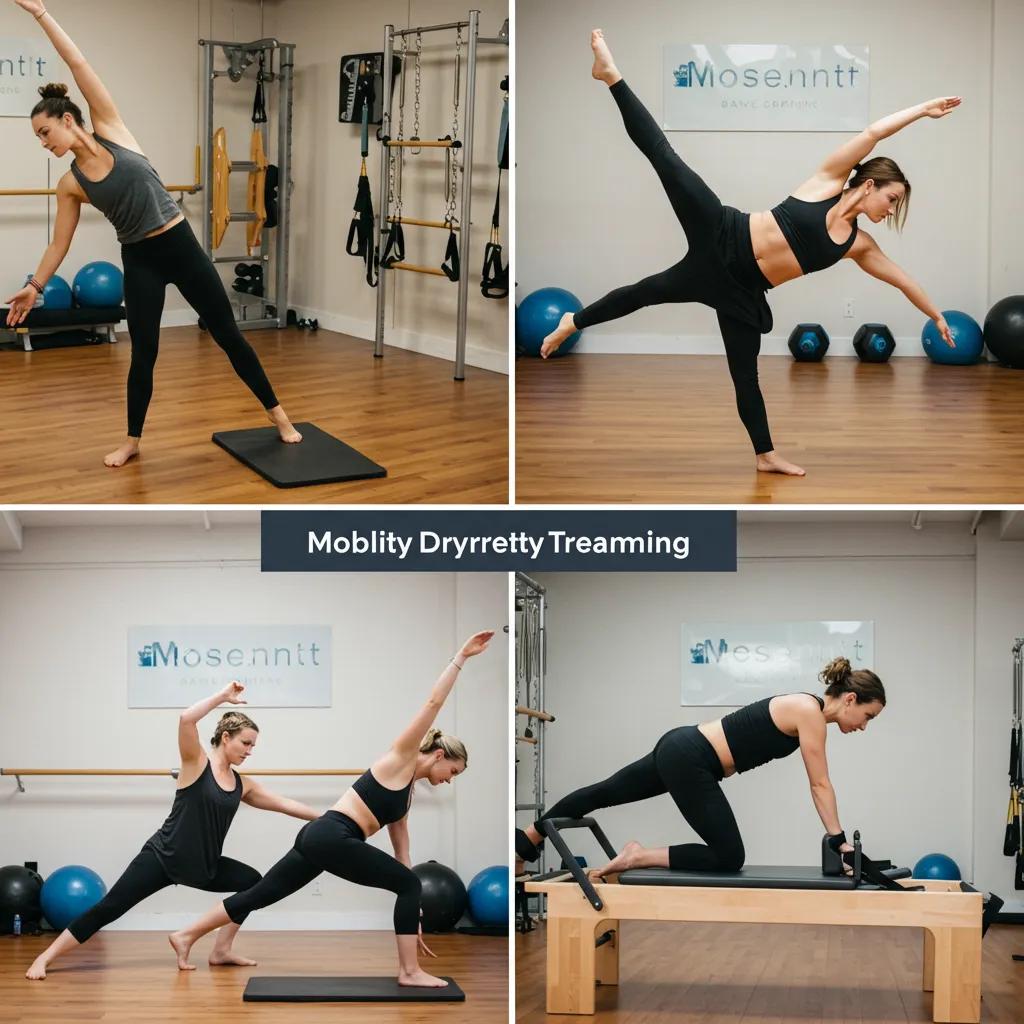 Instructors demonstrating various mobility training modalities in a fitness studio