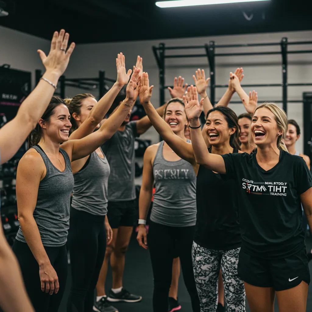 Participants celebrating milestones in a small group fitness class, showcasing community and support