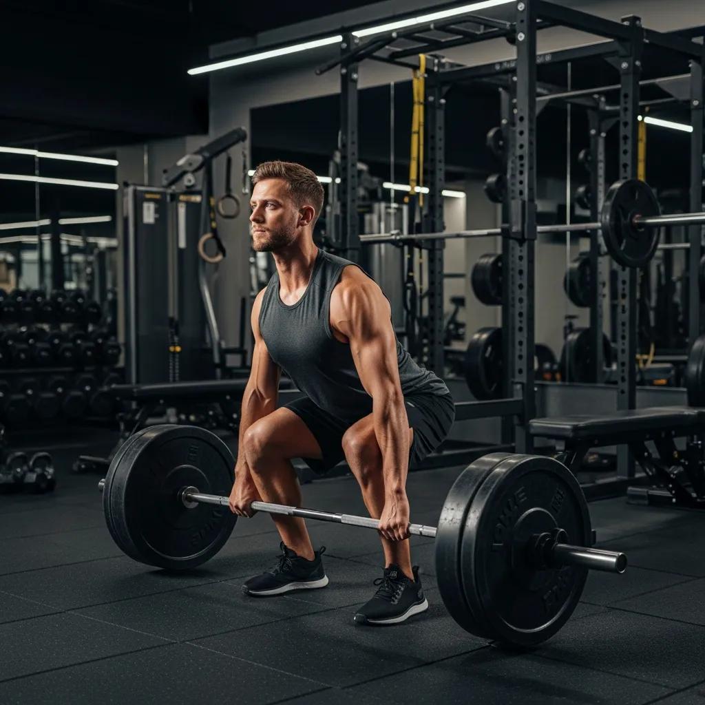 Athlete performing deadlift with perfect spinal alignment in a modern gym environment
