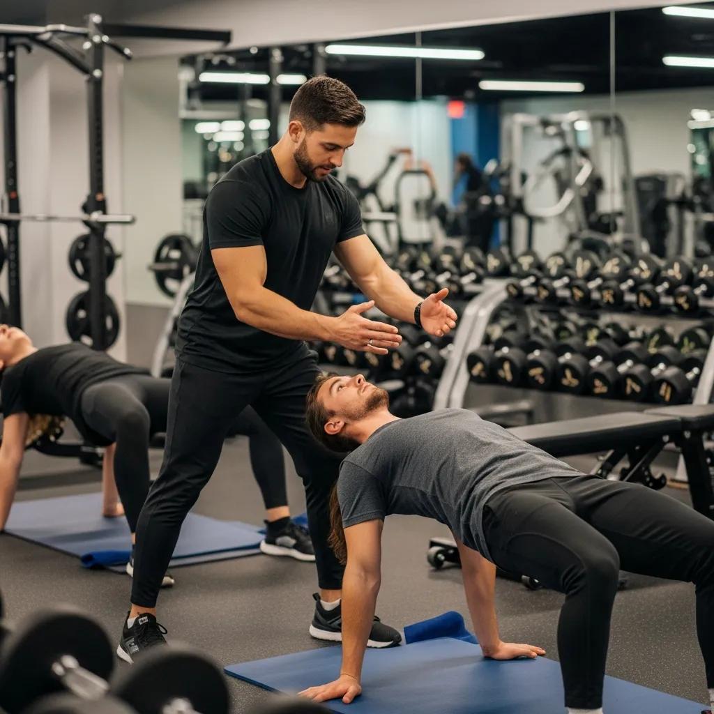 Fitness instructor demonstrating injury prevention exercises in a gym, focusing on proper technique and form
