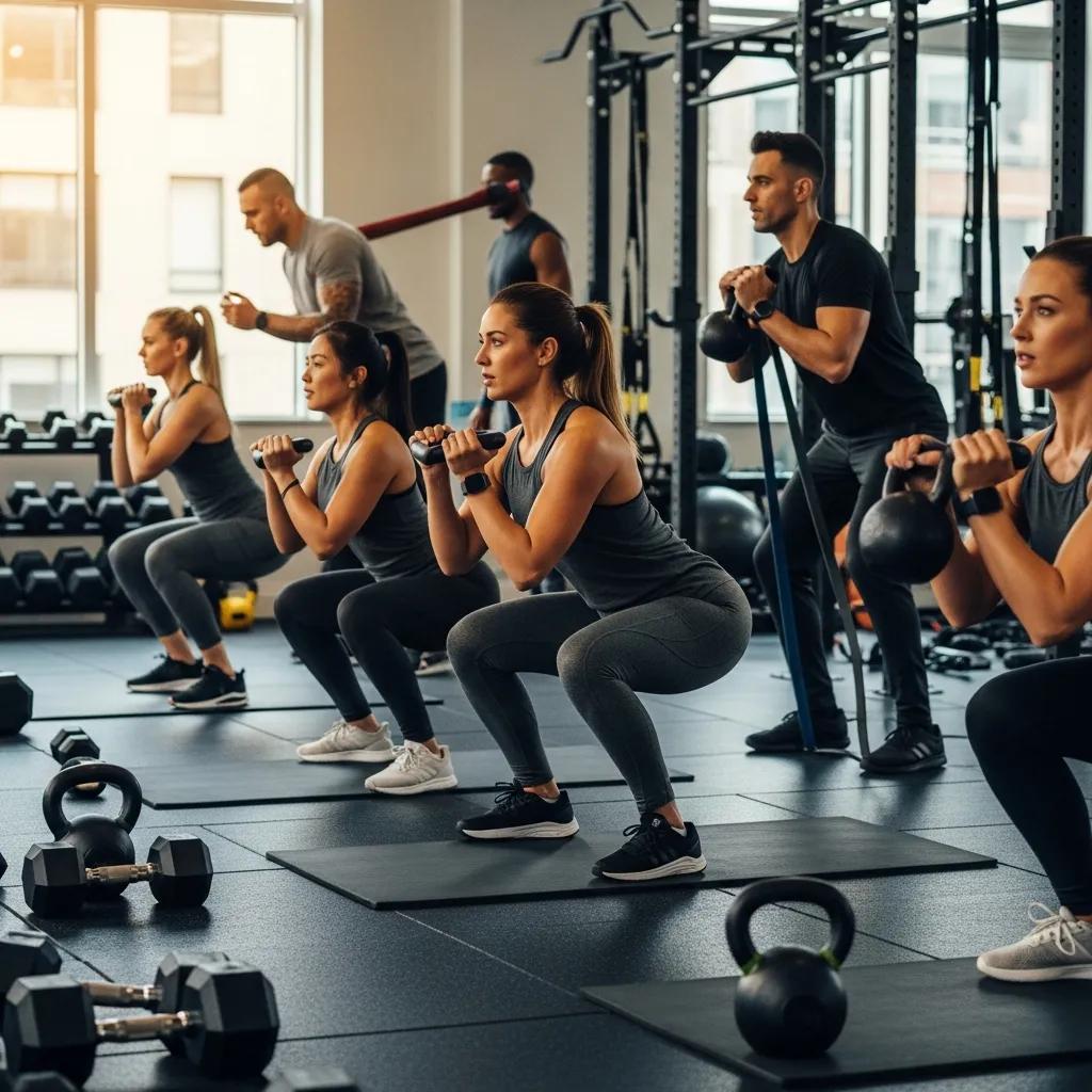 Group of urban professionals participating in a strength and conditioning workout class in a modern gym