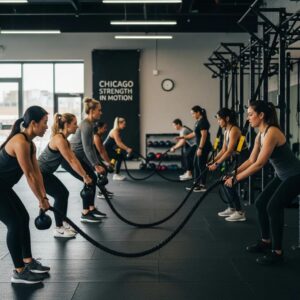 Group workout class at Chicago Strength in Motion emphasizing personalized fitness and community engagement