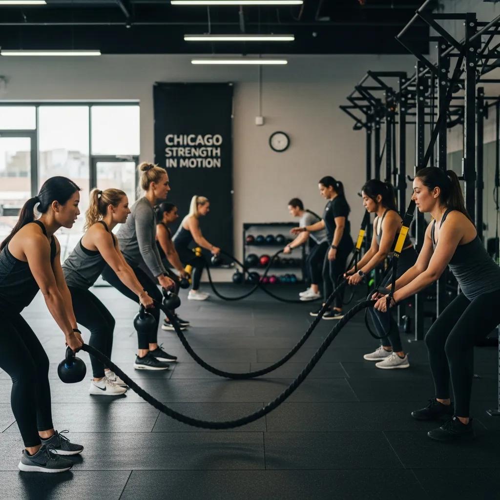 Group workout class at Chicago Strength in Motion emphasizing personalized fitness and community engagement