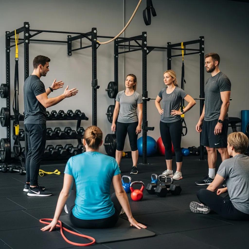 Trainer leading a small group personal training session in a gym, emphasizing community and personalized coaching