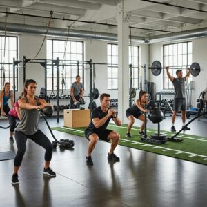 Group of diverse individuals engaged in functional training exercises in a modern gym