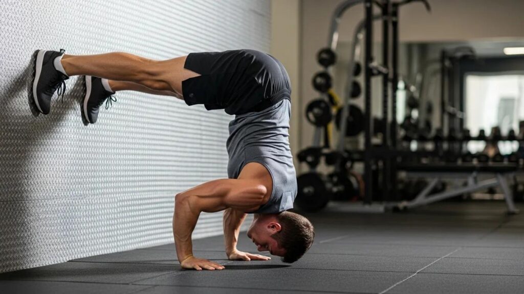 Athlete performing a handstand push-up, demonstrating advanced bodyweight exercises and targeting major muscle groups