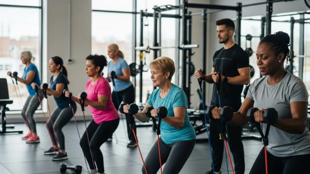 Beginners engaging in strength training exercises in a welcoming gym environment