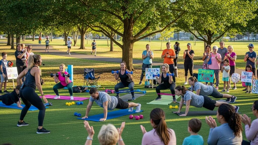 Community fitness event with beginners participating in a strength training workshop