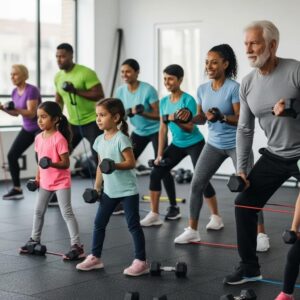 Diverse group engaging in resistance training exercises in a gym setting