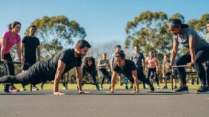 Group of diverse individuals engaging in bodyweight exercises outdoors, emphasizing accessibility of no-equipment workouts and community fitness.