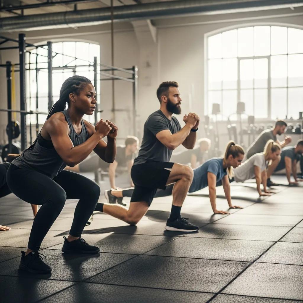 Group of individuals performing functional movement patterns, including squats and push-ups, in a gym setting, emphasizing strength and fitness training.