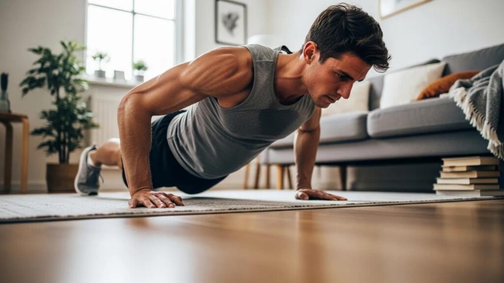 Individual performing a push-up with correct form in a home setting, illustrating essential beginner bodyweight exercises