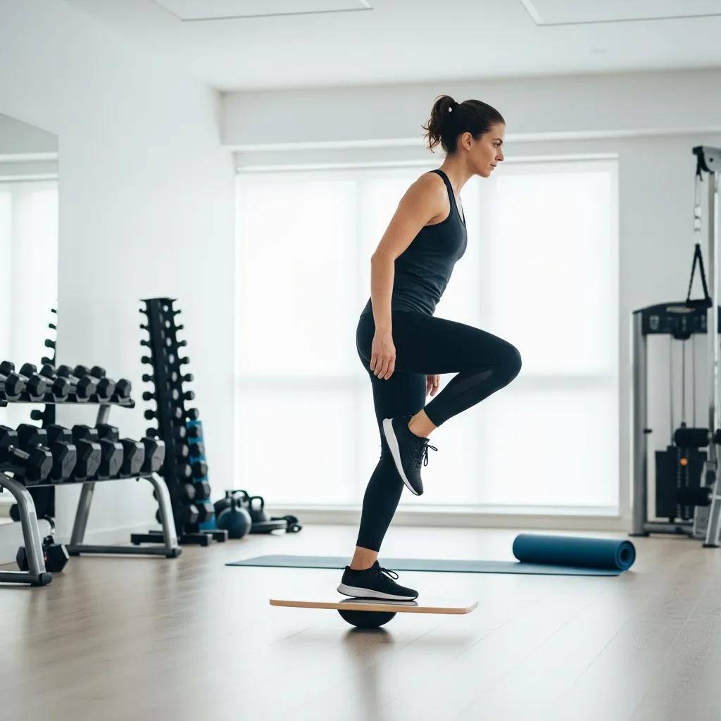 Person practicing single-leg balance drill on a balance board in a fitness studio