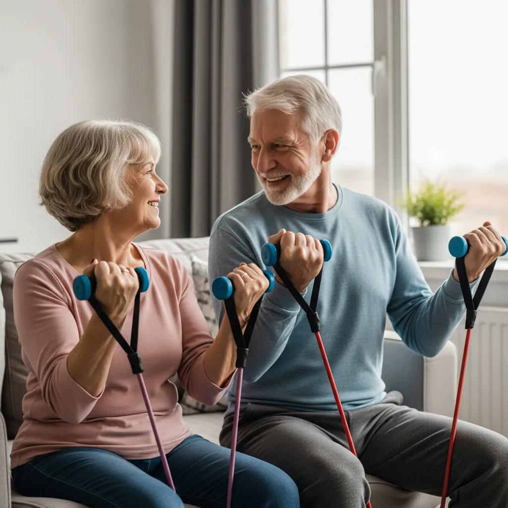 Senior couple engaging in resistance training at home for health benefits