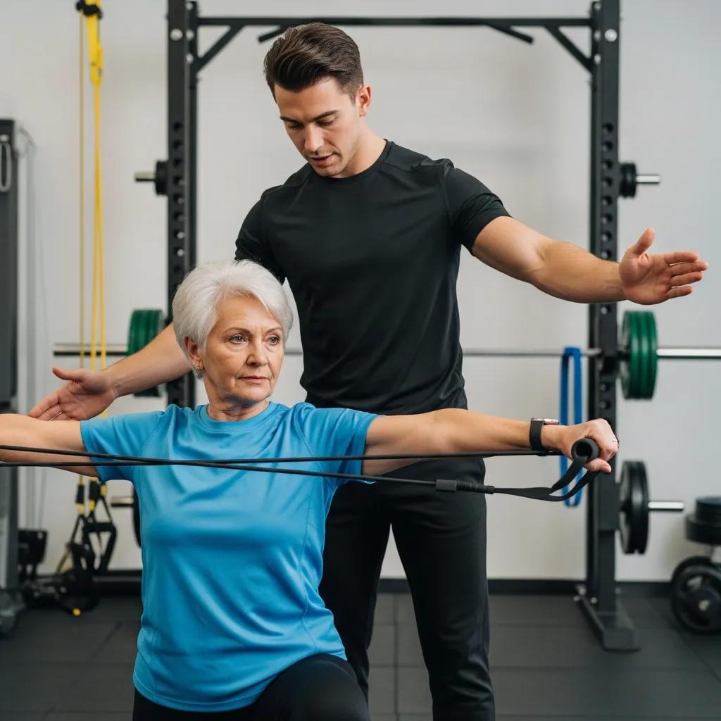 Trainer assisting older adult with safe resistance training techniques