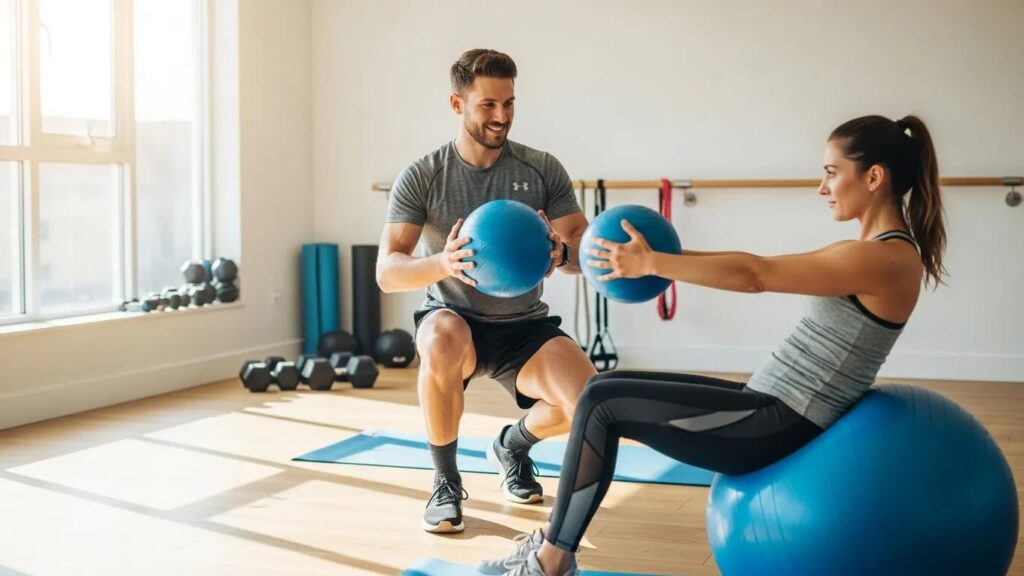 Fitness trainer assisting a client with stability ball exercises for core training