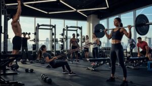 Group of individuals engaged in advanced resistance training techniques in a gym