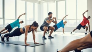 Group of individuals performing core strength exercises in a gym