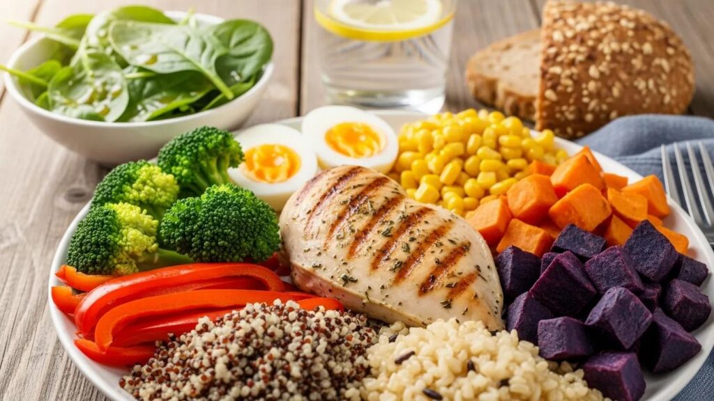 Healthy foods arranged to emphasize nutrition for muscle growth and recovery