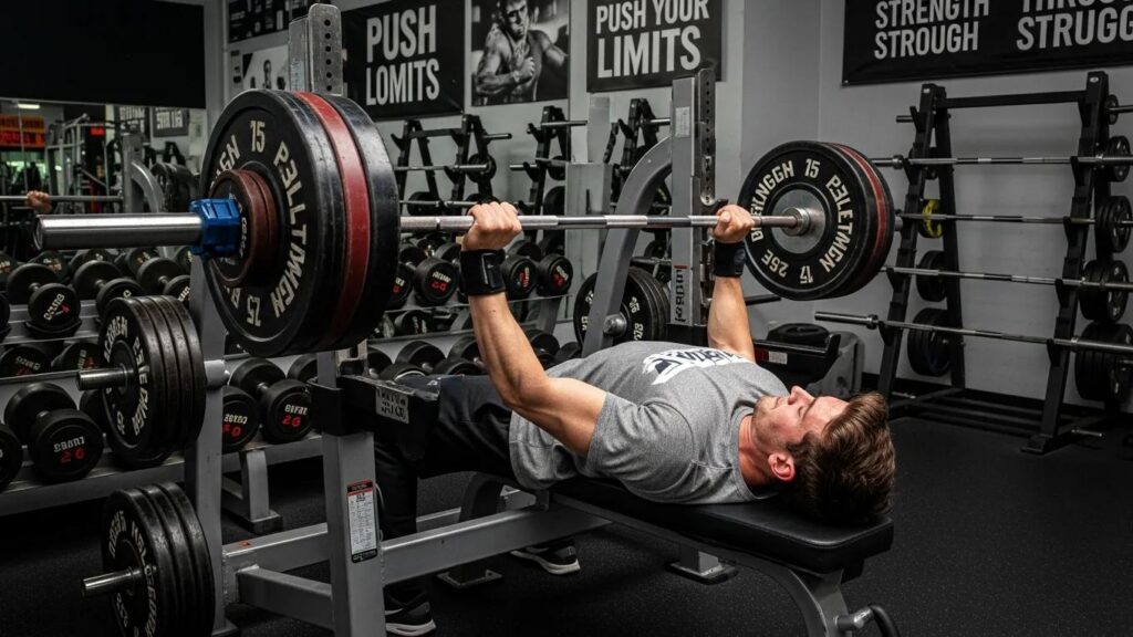 Individual performing bench press with increased weights to demonstrate progressive overload